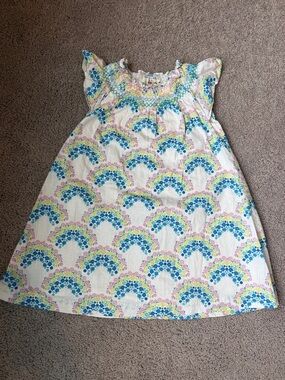 Smocked Flutter Sleeve Rainbow Arch Dress - White, Blue, Pink, Yellow